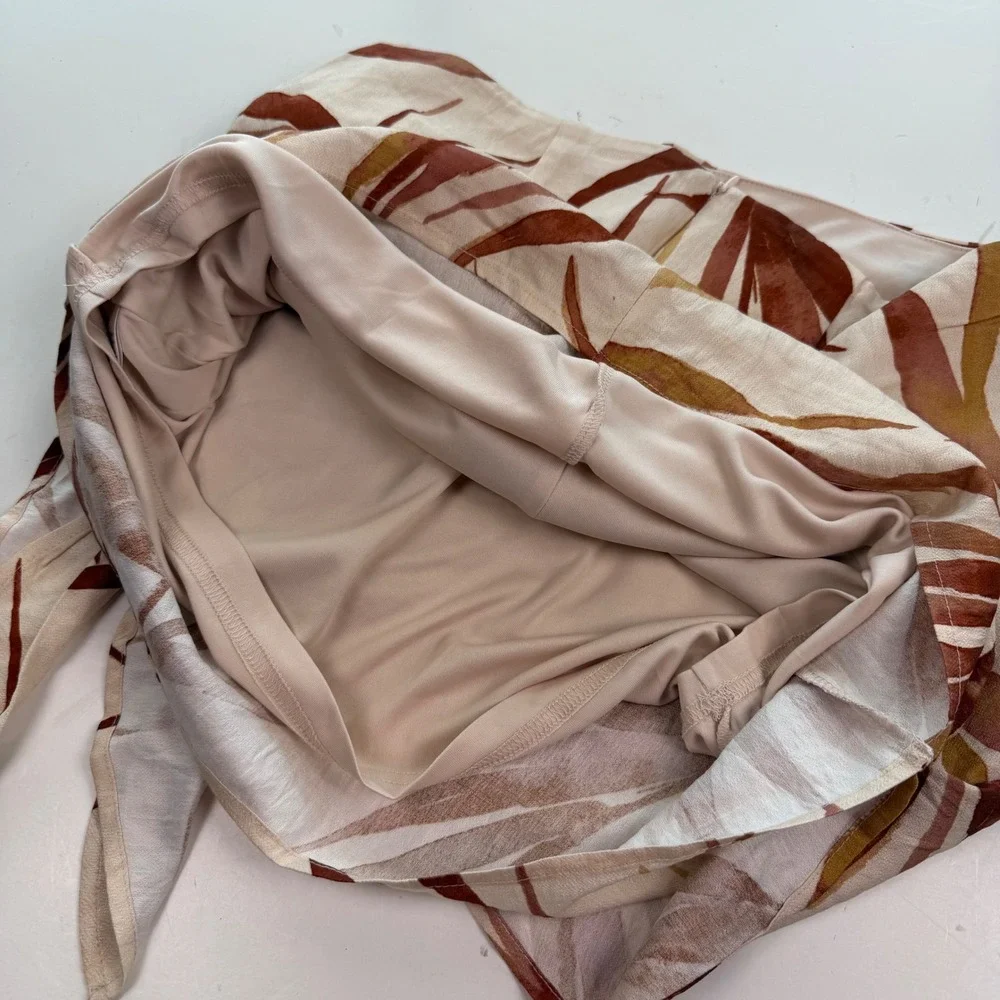 Tropical Palm Print Faux Wrap Mini Skirt Side Tie Cream Terracotta Large